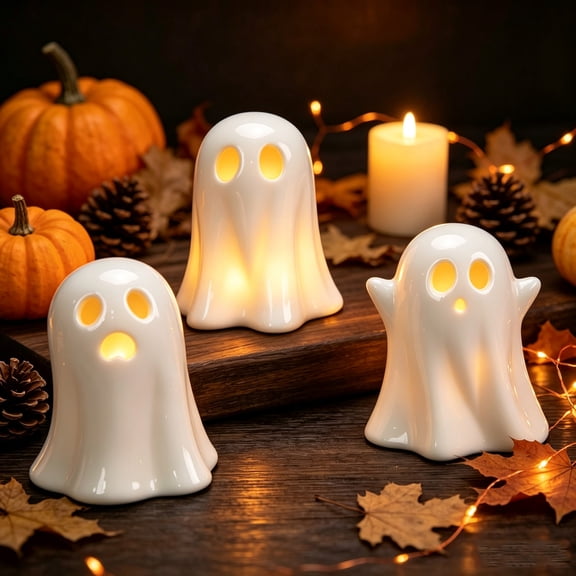 BingTong Halloween Ghost Light,Set Of 3 Ceramic Ghost Decorations With Warm LED,Cute White Desktop Halloween Decor Halloween Ghost Light Cute Desktop Decorations 1-White