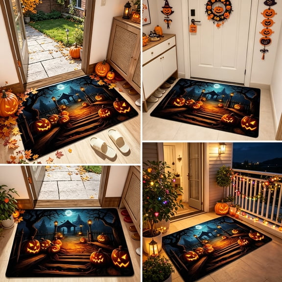 BingTong Halloween Graveyard Doormat 31.5 x 19.7 Inch Water-Absorbent Entry Rug, Spooky Cemetery Scene for Front Door (Black)