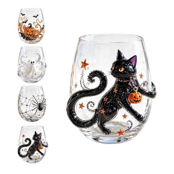 BingTong Halloween Hand Painted Stemless Wine Glass,Black Cat Spider Ghost Pumpkin Pattern Egg Shape Drinking Cups,Decorative Clear Glass Mugs For Home Bar Dinner Party Table A-Cat