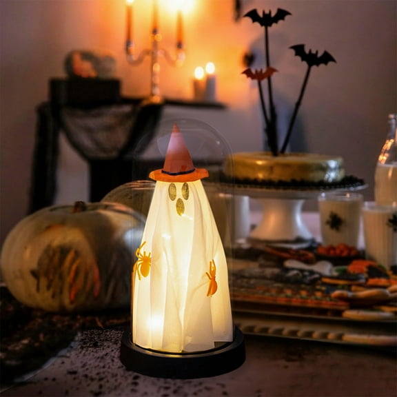 BingTong Halloween Indoor-Light Up Ghost in Glass Cloche-Cute Ghost With Light Halloween Decor- For Home Kitchen Mantel Tabletop Party Decor and Holiday Decorations 1pcs Orange