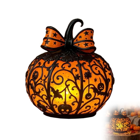 BingTong Halloween Pumpkin Lamp,Resin Hollow Pumpkin Night Light with Bow Decor, Lantern Decor for Home Bedroom Halloween Party Thanksgiving Decorations B