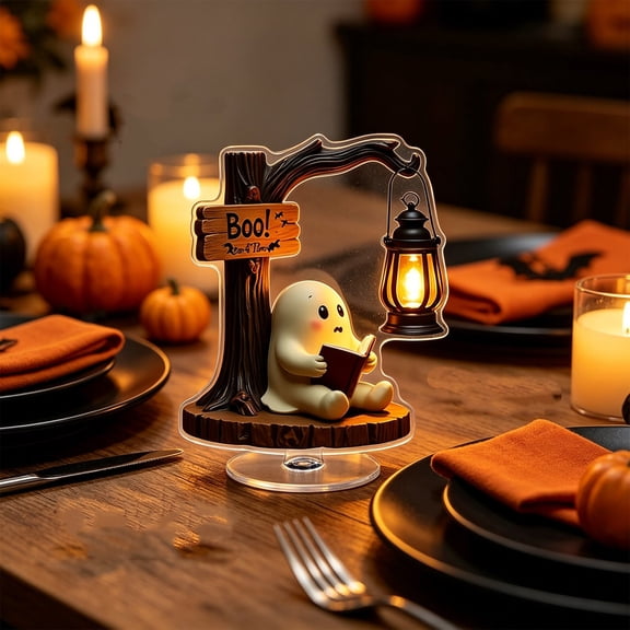 BingTong Halloween Rotatable Cute Ghost Acrylic Tabletop Ornament,360 Degree Spinning Boo Ghost Figurine With Tree & Lantern Design,Desktop Decor For Mantel, Dining Table,Display A