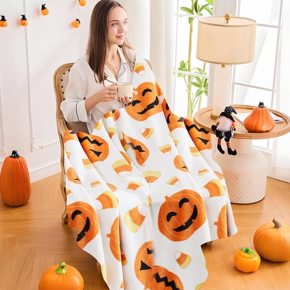 BingTong Halloween Throw Blanket Fall Halloween Orange Pumpkins With Candy Corns Throw Blankets Ultra Soft Blanket Lightweight Bed Blanket For Couch Sofa Bed Home Decorations 28*40In E
