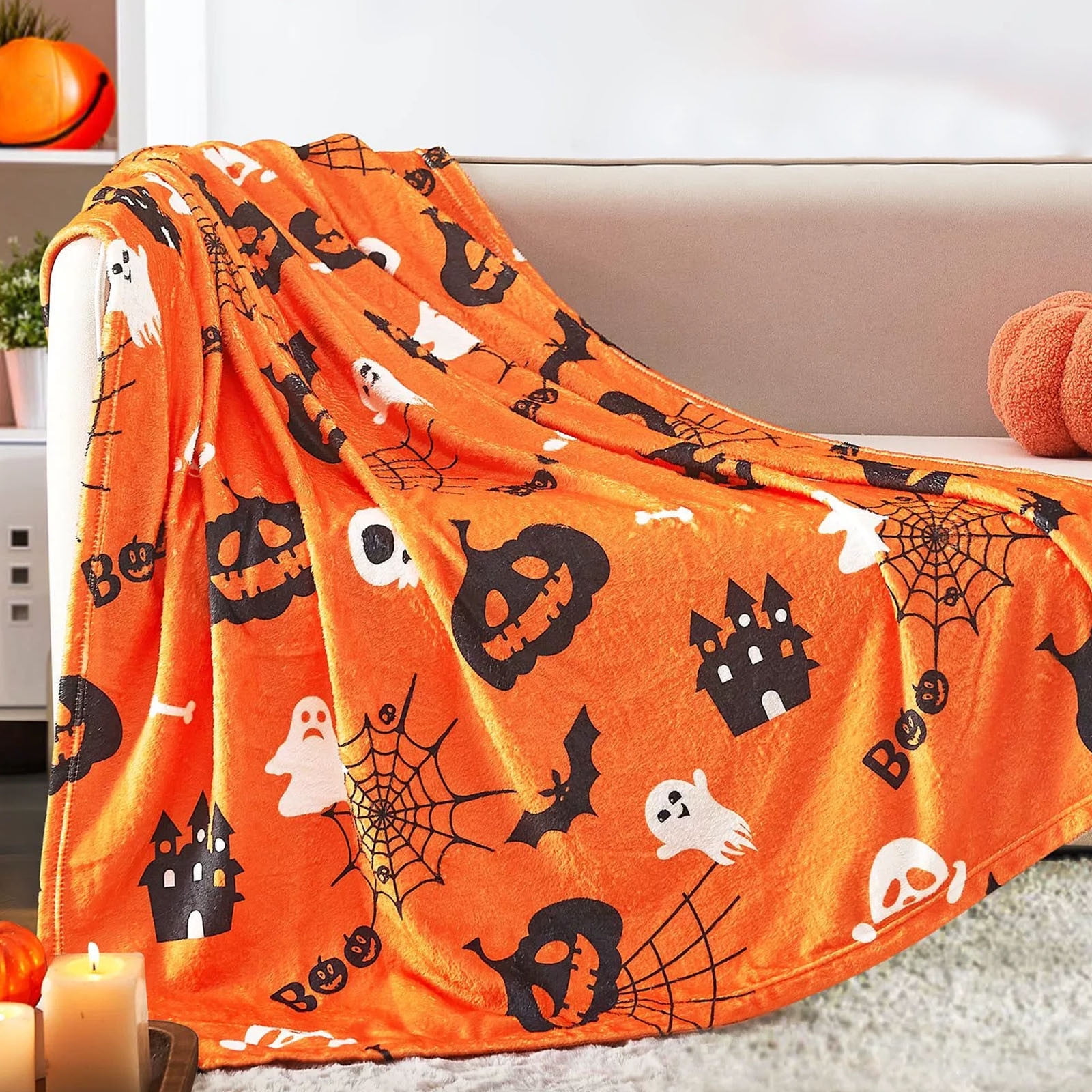 Halloween Throw Blanket - 50x60 Inches, Skull Pumpkin Spider Web Design, Flannel & Cozy
