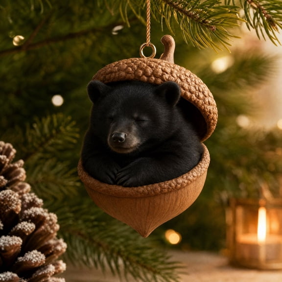 BingTong Handcrafted Resin Christmas Ornament, 1 Pack Acorn Shell Sleeping Bear Keepsake With Hanging Loop, Holiday Tree Mantel Fireplace Display, Sleeping Black Bear Ornament
