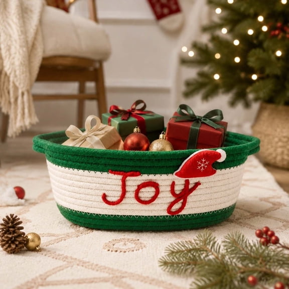 BingTong Handwoven Festive Cotton Rope Storage Basket, 15.75 Inch Woven Rope Design With Embroidered Lettering, Holiday Candy Toy Tabletop Display, Joy Santa Hat