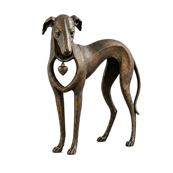 BingTong Heart Sighthound Sculpture Vintage Dog Sculpture with Hanging Heart Charm,Antique Bronze Finish Iron Greyhound Figurine,Rustic Animal Decor for Bookshelf Mantel Console Table,C