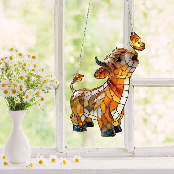 BingTong Highland Cow Suncatcher With Butterfly, Acrylic Stained Glass Style Window Hanging, Cute Farm Animal Ornament for Farmhouse Decor, Unique Thank You Gift G