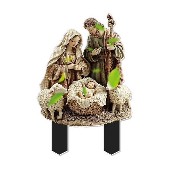 BingTong Jesus Mary And Joseph Garden Stake Flower Pot Decoration Happy Family Of Three 2D Flat Ground Plug Garden Decor Acrylic Bonsai Waterproof Lawn Sign Decorative Ornament A