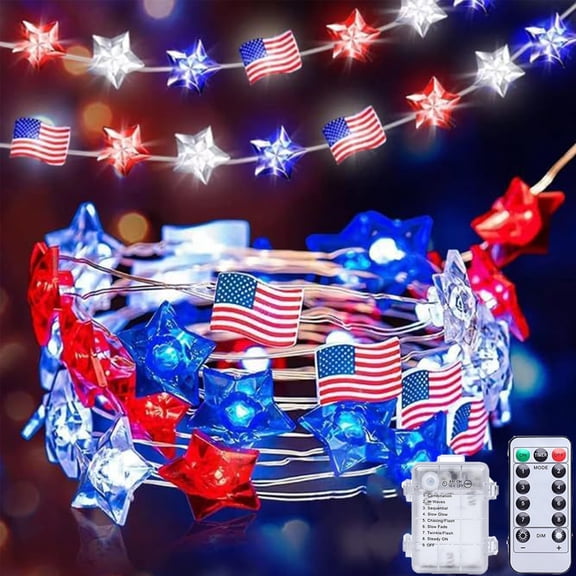 Gpaecead July 4th Red Blue and White Star Lights, 50LED 19FT Patriotic String Lights with Stars Battery Operated, Timer,Waterproof Outdoor Independence Day Memorial Day Holiday Party Decor