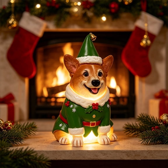 BingTong Light Up Christmas Corgi Resin Figurine,Puppy Statue with Elf Costume & Bell Hat,Warm LED Glowing Tabletop Ornament for Holiday Home,Mantel,Shelf,Christmas Party Decor,D2