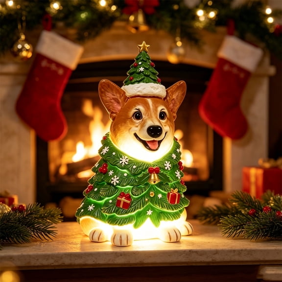 BingTong Light Up Christmas Tree Corgi Resin Figurine,Puppy Statue with Xmas Tree Costume,Warm LED Glowing Tabletop Ornament for Holiday Home,Mantel,Shelf,Christmas Party Decor,D8