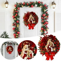 BingTong Lighted Nativity Scene Christmas Wreath Ornament Decoration Holy Family Set Led Lights Candle Front Door Wall Hanging Sign Sacred Xmas Decor for Decorations Red