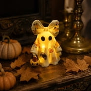 BingTong Lighted Vintage Patchwork Ghost,Bow Light Up Ghost With Mini Pumpkin Candy Bucket,Vintage Halloween Patchwork Ghosts Lamp,For Rustic Fall Figurine Decoration D-Light