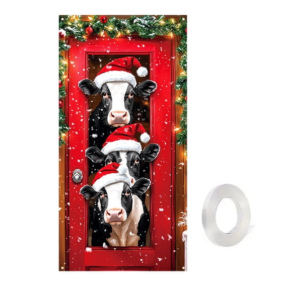 BingTong Merry Christmas Door Cover Cute Cow Printed Hanging Door Banner With Christmas Photo Background Props For Winter Party Holiday Xmas Eve Porch House 35*71In B Animal