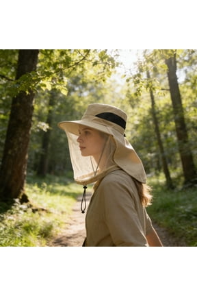 Mosquito Head Net Hat,Sun Protection Wide Brim Fishing Hat With Mesh Head Net ,Mesh Insect Shield For Camping Gardening Beekeeping Hiking, For Proof Cap Net Sunscreen Beige