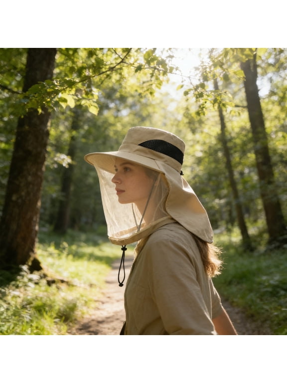 Mosquito Head Net Hat,Sun Protection Wide Brim Fishing Hat With Mesh Head Net ,Mesh Insect Shield For Camping Gardening Beekeeping Hiking, For Proof Cap Net Sunscreen Beige