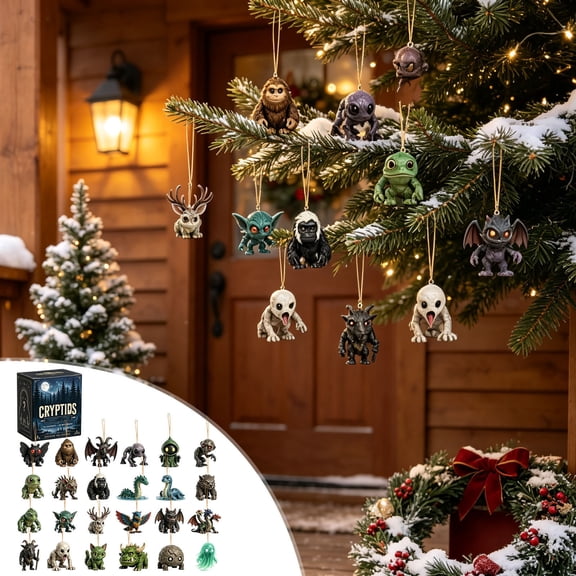 BingTong Mythical Cryptids Advent Calendar, 24 Mini Monster Figurines with Hanging Cords and Display Box, Countdown to Christmas for Holiday Mantel Shelf and Tree Decor, Black