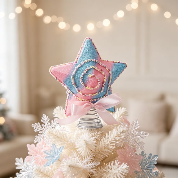 BingTong Pastel Pink Blue Candy Swirl Star Christmas Tree Topper,Glitter Stitched Five Point Tree Top Ornament With Spring Base Pink Bow,Sweet Macaron Style Xmas Pine Tree Top Decor C-B