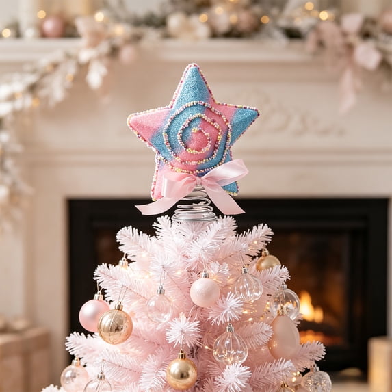 BingTong Pastel Pink Blue Candy Swirl Star Christmas Tree Topper,Glitter Stitched Five Point Tree Top Ornament With Spring Base Pink Bow,Sweet Macaron Style Xmas Pine Tree Top Decor C-A