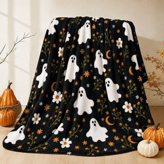 BingTong Plush Halloween Throw Blanket, Peaceful Ghosts Design, Black Cozy,G