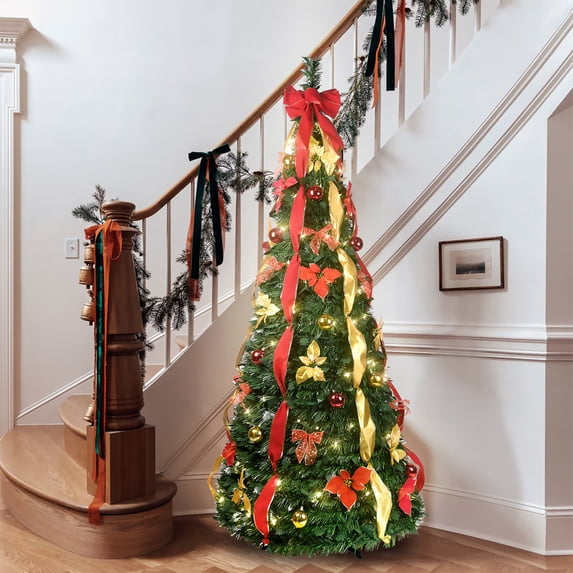 BingTong Pop Up Prelit Artificial Christmas Tree , Pre-Decorated Christmas Tree with Red&Gold Decorations, 1 Minute Decorated Xmas Trees for Holiday, Party Decoration 7.5ft