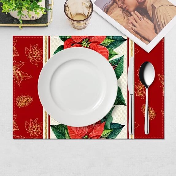 BingTong Red and White Poinsettia Plaid Christmas Placemats Set of 4 Farmhouse Winter Christmas Xmas Holiday Home Kitchen Table Decorations Washable Winter Xmas Holiday Placemats