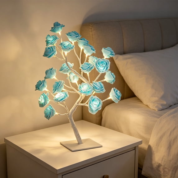 BingTong Romantic LED Rose Tree Lamp – USB Fake Flower Night Light, 12.99 Inch Branch Light for Bedroom Desk (Blue)
