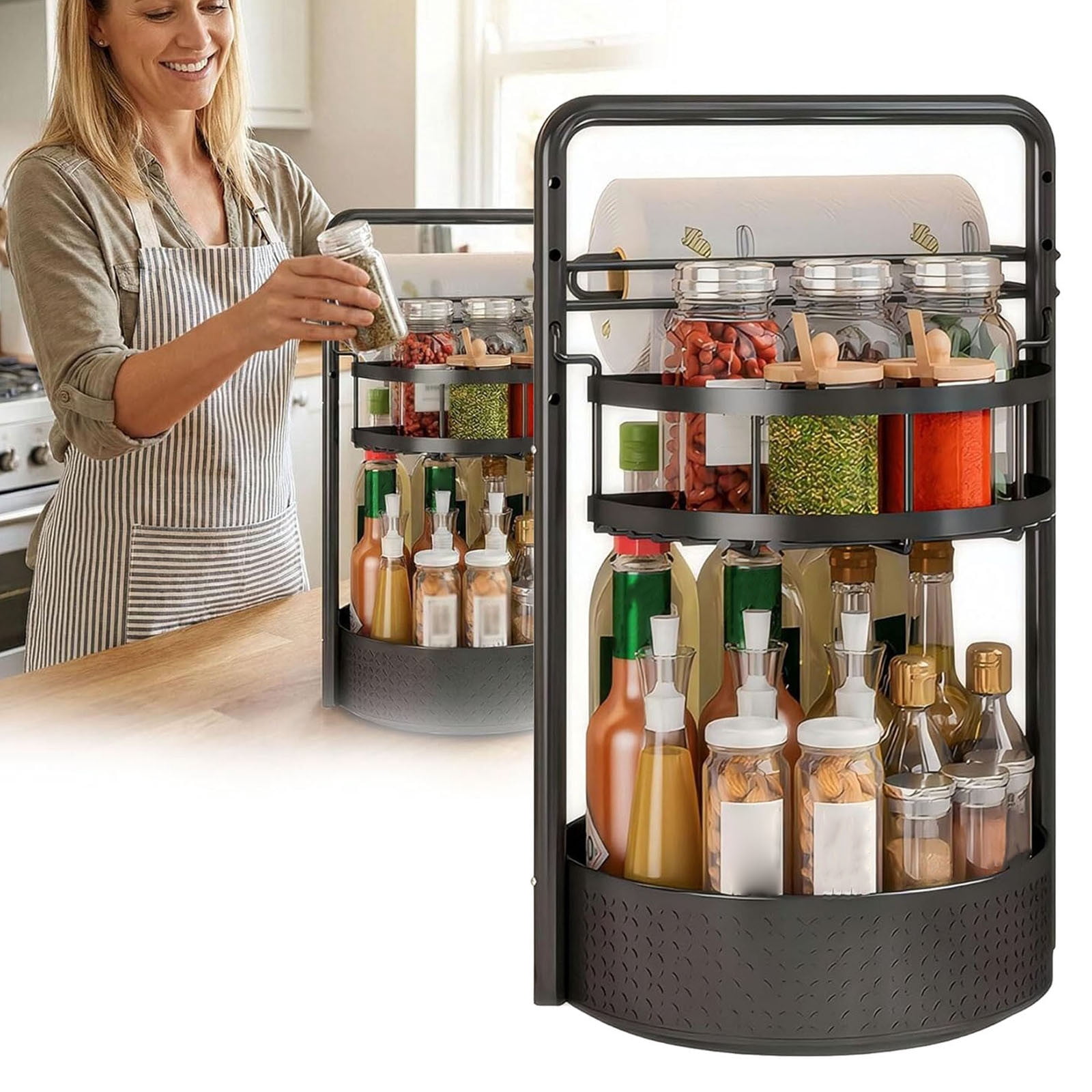 BingTong Rotating Spice Rack With Towel 360-Degree Double-Layer Height ...