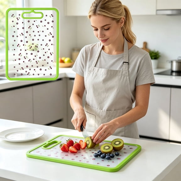 BingTong Tempered Glass Cutting Board–Floral Pattern Non Slip Cutting Board,Rim Transparent Kitchen Chopping Board With Hanging Hole,Food Safe Fruit Vegetable Meat Prep Serving Tray green