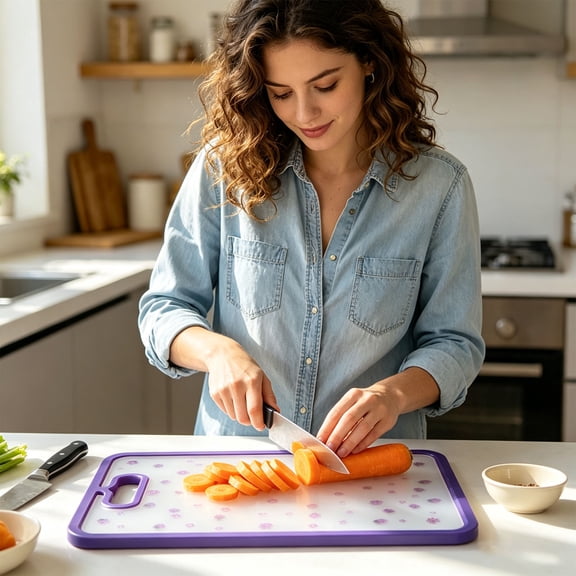 BingTong Tempered Glass Cutting Board–Floral Pattern Non Slip Cutting Board,Rim Transparent Kitchen Chopping Board With Hanging Hole,Food Safe Fruit Vegetable Meat Prep Serving Tray Purple