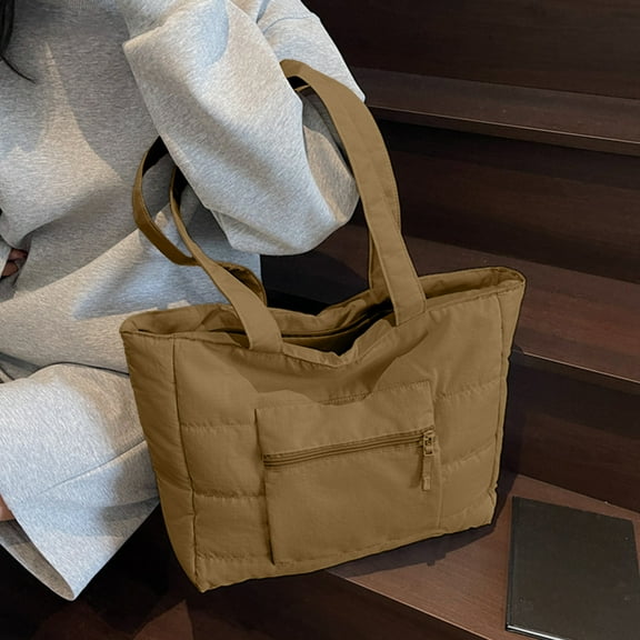 BingTong Tote Bag For Women, Lightweight Puffer Tote Bag With Compartments, Quilted Shoulder Bag Handbag With Zipper For Work Travel, Gym Computer Bag Large Capacity Tote Bag Khaki