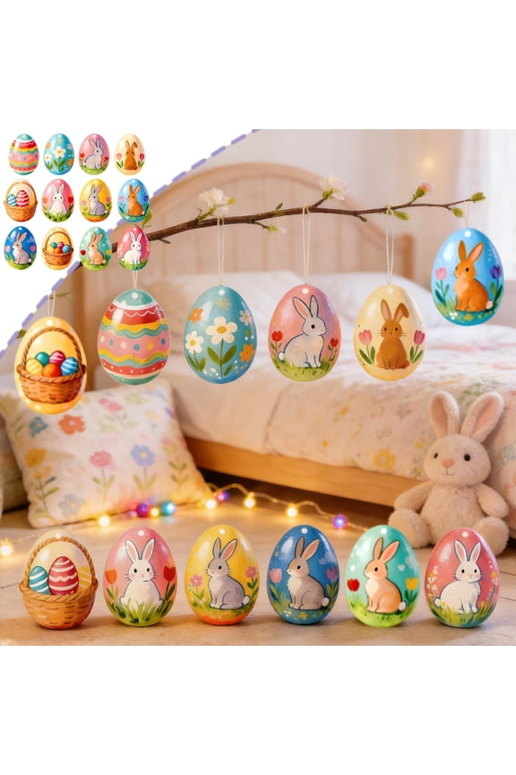 BingTong Upgraded 12pcs Cute Easter Bunny Easter Egg Hanging Ornament 2D Flat Ornament Keychain Small Pendant For Car Rearview Mirror Or Backpack Suitable For Easter Decoration C