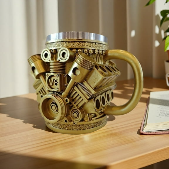 BingTong V8 Engines Stainless Steel Cup, V8 Engine Coffee Mug, Creative Car Engine Coffee Cup With Insulated Handle, Novelty Automobile Engine Coffee Mug For Car Enthusiasts Gold