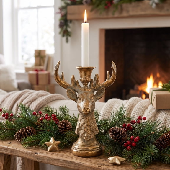BingTong Vintage Golden Deer Head Taper Candlestick,Textured Reindeer Bust Candle Holder,Farmhouse Table Centerpiece Decor,Decorative Stag Candelabra for Fireplace,Holiday DisplayA
