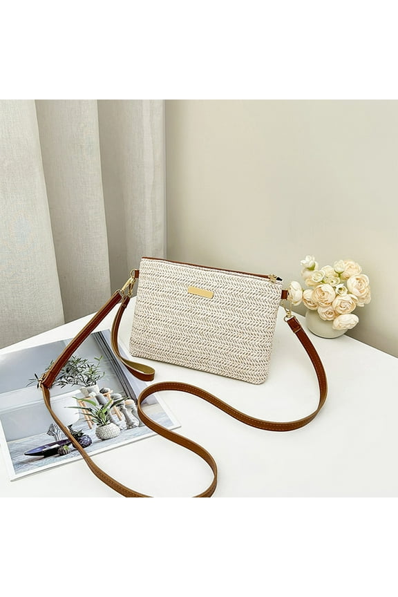 Womens Woven Shoulder Bag Straw Clutch Fashion Brief Bag Bohemian Summer Beach Straw Purse Zipper Wristlet Wallets Envelope Bag For Women Brown