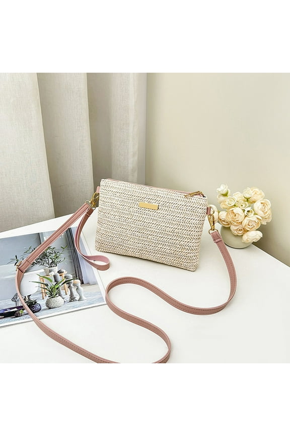 Womens Woven Shoulder Bag Straw Clutch Fashion Brief Bag Bohemian Summer Beach Straw Purse Zipper Wristlet Wallets Envelope Bag For Women Pink