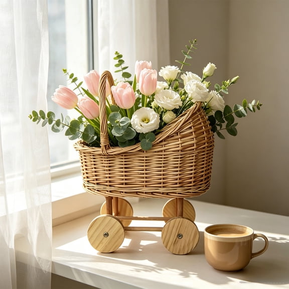 BingTong Woven Rattan Pram Shaped Flower Basket With Wheels, Cute Rural Style Storage Basket, Multifunctional Wicker Basket, Decor For Wedding Party Flower Arrangement Candy Display A