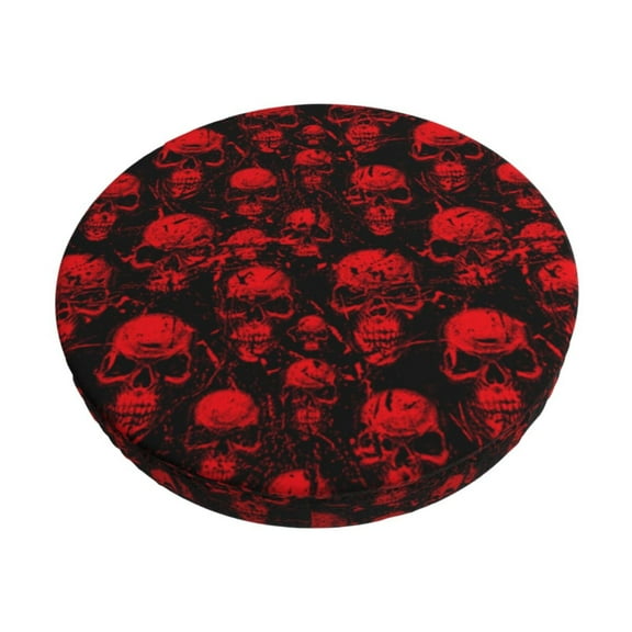 Bingfone 12 Inch Padded Round Bar Stool Cover Cushion With Elastic Fabric Round Chair Seat - Red Skulls