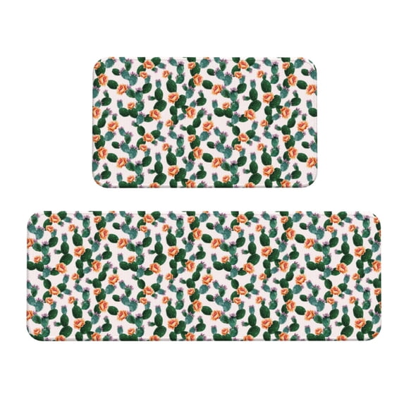 Bingfone 2 Pcs Kitchen Rugs and Mats,Cushioned Anti-Fatigue Floor Mat,PVC Non-Slip Kitchen Rug Set for Kitchen,Laundry Room,Sink 17"x47"+17"x29" - Cactuses
