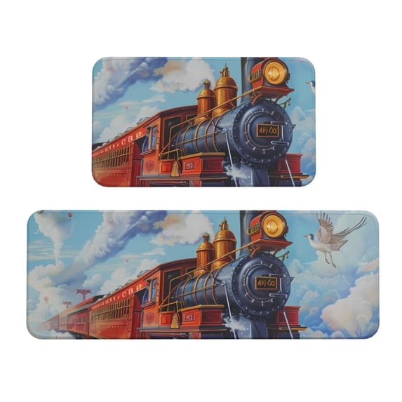 Bingfone 2 Pcs Kitchen Rugs and Mats,Cushioned Anti-Fatigue Floor Mat,PVC Non-Slip Kitchen Rug Set for Kitchen,Laundry Room,Sink 17"x47"+17"x29" - Cartoon Train Hot Air Balloon