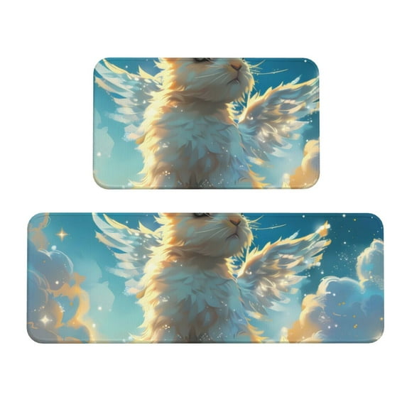 Bingfone 2 Pcs Kitchen Rugs and Mats,Cushioned Anti-Fatigue Floor Mat,PVC Non-Slip Kitchen Rug Set for Kitchen,Laundry Room,Sink 17"x47"+17"x29" - Cute Angel Winged Rabbit
