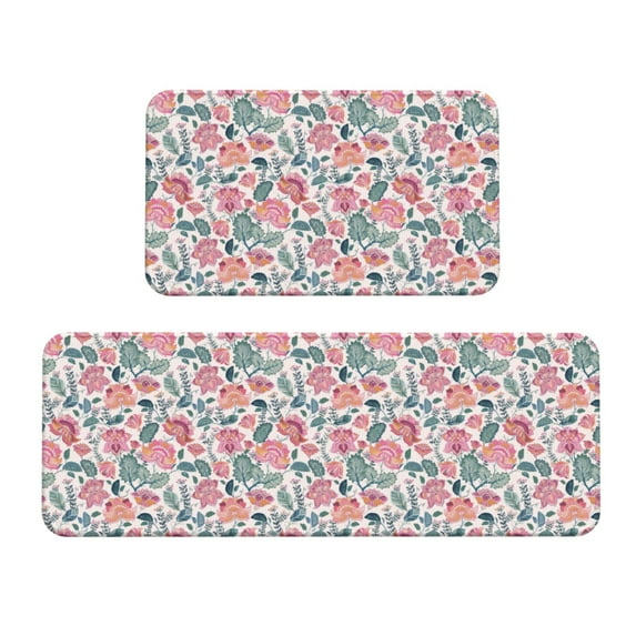Bingfone 2 Pcs Kitchen Rugs and Mats,Cushioned Anti-Fatigue Floor Mat,PVC Non-Slip Kitchen Rug Set for Kitchen,Laundry Room,Sink 17"x47"+17"x29" - Flower Leaves