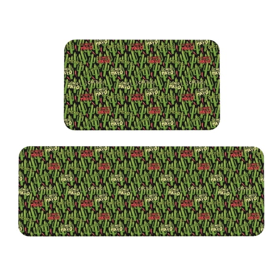 Bingfone 2 Pcs Kitchen Rugs and Mats,Cushioned Anti-Fatigue Floor Mat,PVC Non-Slip Kitchen Rug Set for Kitchen,Laundry Room,Sink 17"x47"+17"x29" - Green Cacti And Red Chili