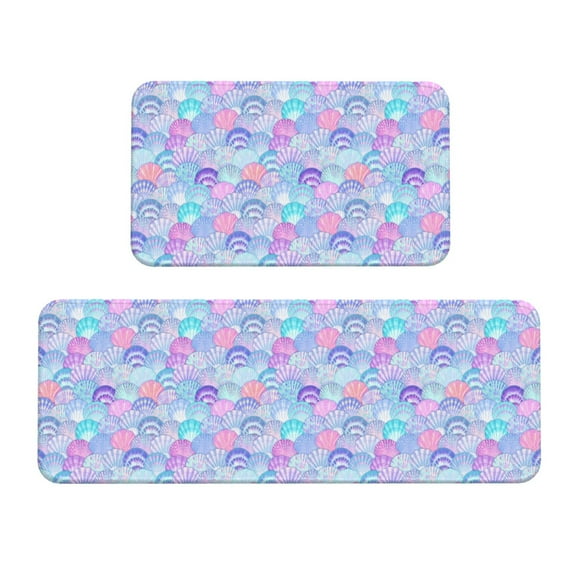 Bingfone 2 Pcs Kitchen Rugs and Mats,Cushioned Anti-Fatigue Floor Mat,PVC Non-Slip Kitchen Rug Set for Kitchen,Laundry Room,Sink 17"x47"+17"x29" - Watercolor Sea Shells 1