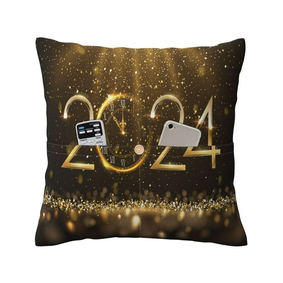Bingfone 2024 Happy New Year Linen Throw Pillow Covers Cushion Case Pocket Button Vintage Farmhouse Pillowcase for Sofa Couch Bed 18"x18"