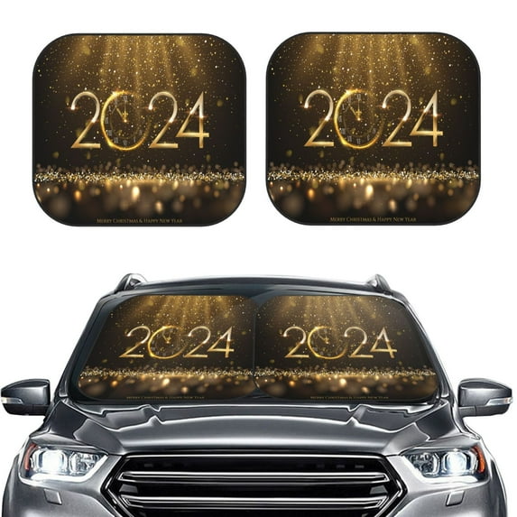 Bingfone 2024 Happy New Year Print 2-Piece Sun Shade Front Windshield - Foldable Car Front Window Sunshades For Most Sedans Suv Truck - Small