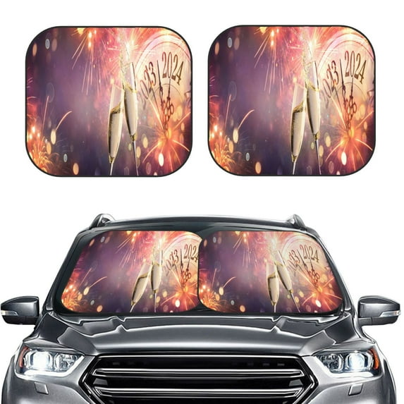 Bingfone 2024 New Year Print 2-Piece Sun Shade Front Windshield - Foldable Car Front Window Sunshades For Most Sedans Suv Truck - Large