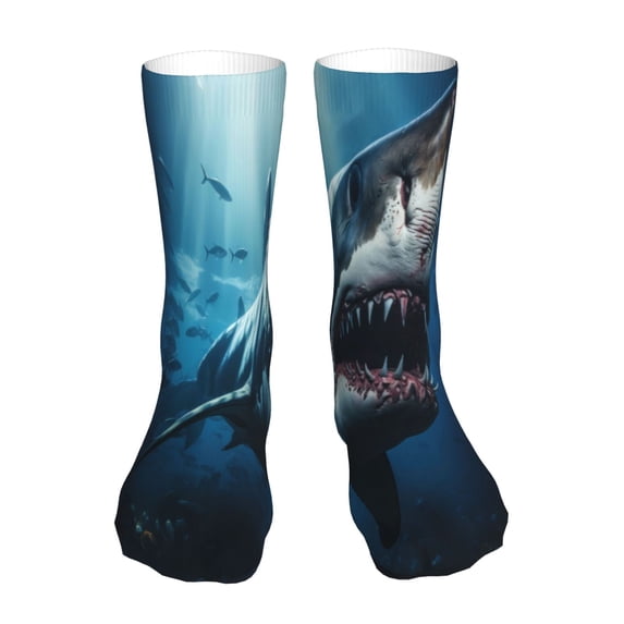 Bingfone 3D Realistic Shark Prirnt Women's Men's Fun Pattern and Solid Crew Socks-1 Pair Pack-Cool & Classic Novelty Design Gifts
