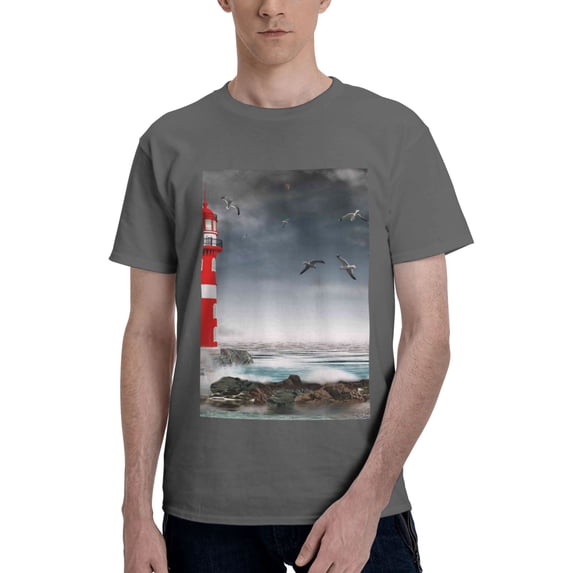 Bingfone 3d Lighthouse In The Surf Men'S Loose Fit Short-Sleeve Pocket T-Shirt